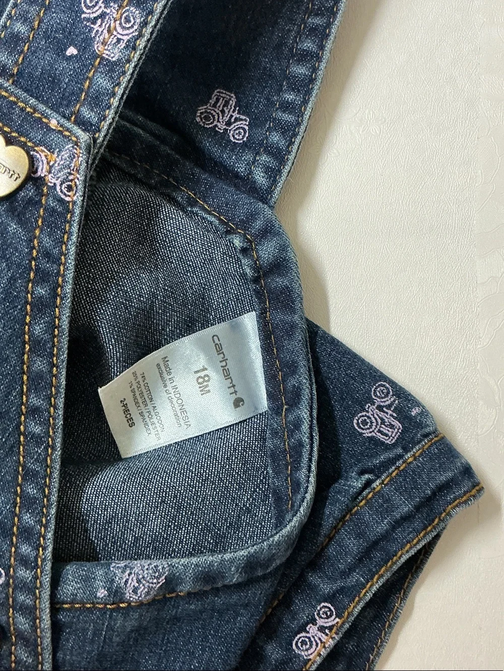 Carhartt Navy Denim Kids Short Overalls with Pink Print